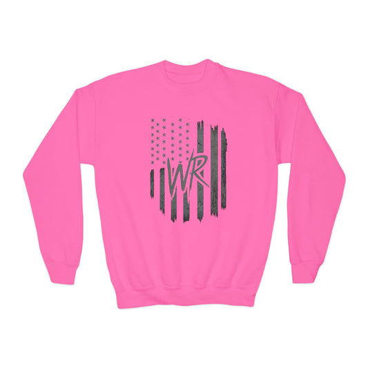 Youth Crewneck Sweatshirt Distressed American Flag with 'WR' Logo - Wicked & Riled Clothing