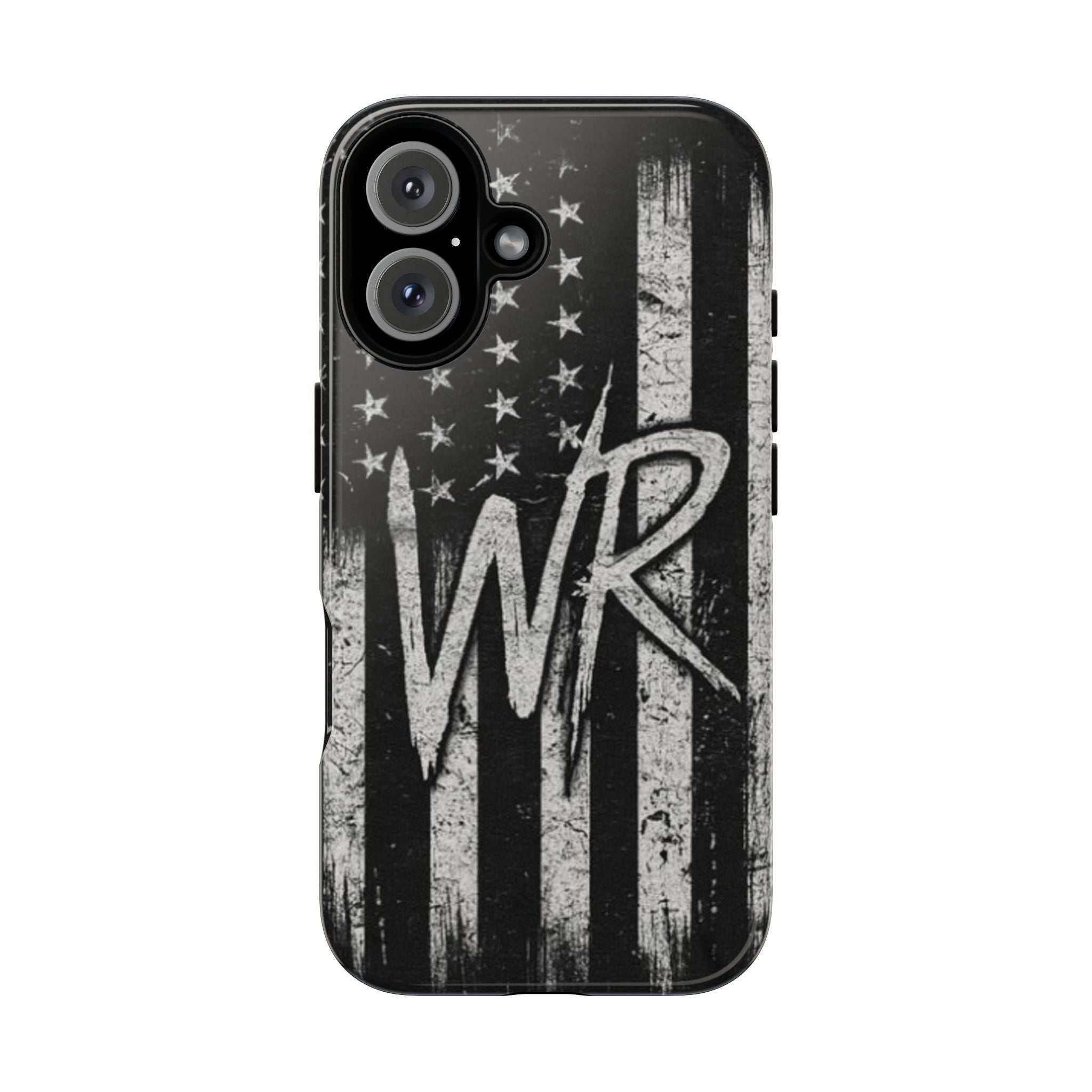 Distressed American flag design on a Patriotic Monogram Tough Phone Case featuring the initials WR by Printify.