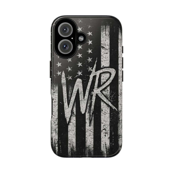 Distressed American flag design on a Patriotic Monogram Tough Phone Case featuring the initials WR by Printify.