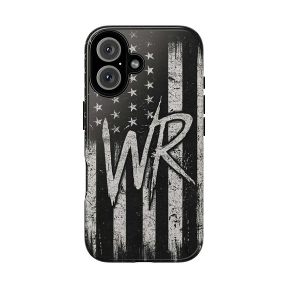 Distressed American flag design on a Patriotic Monogram Tough Phone Case featuring the initials WR by Printify.