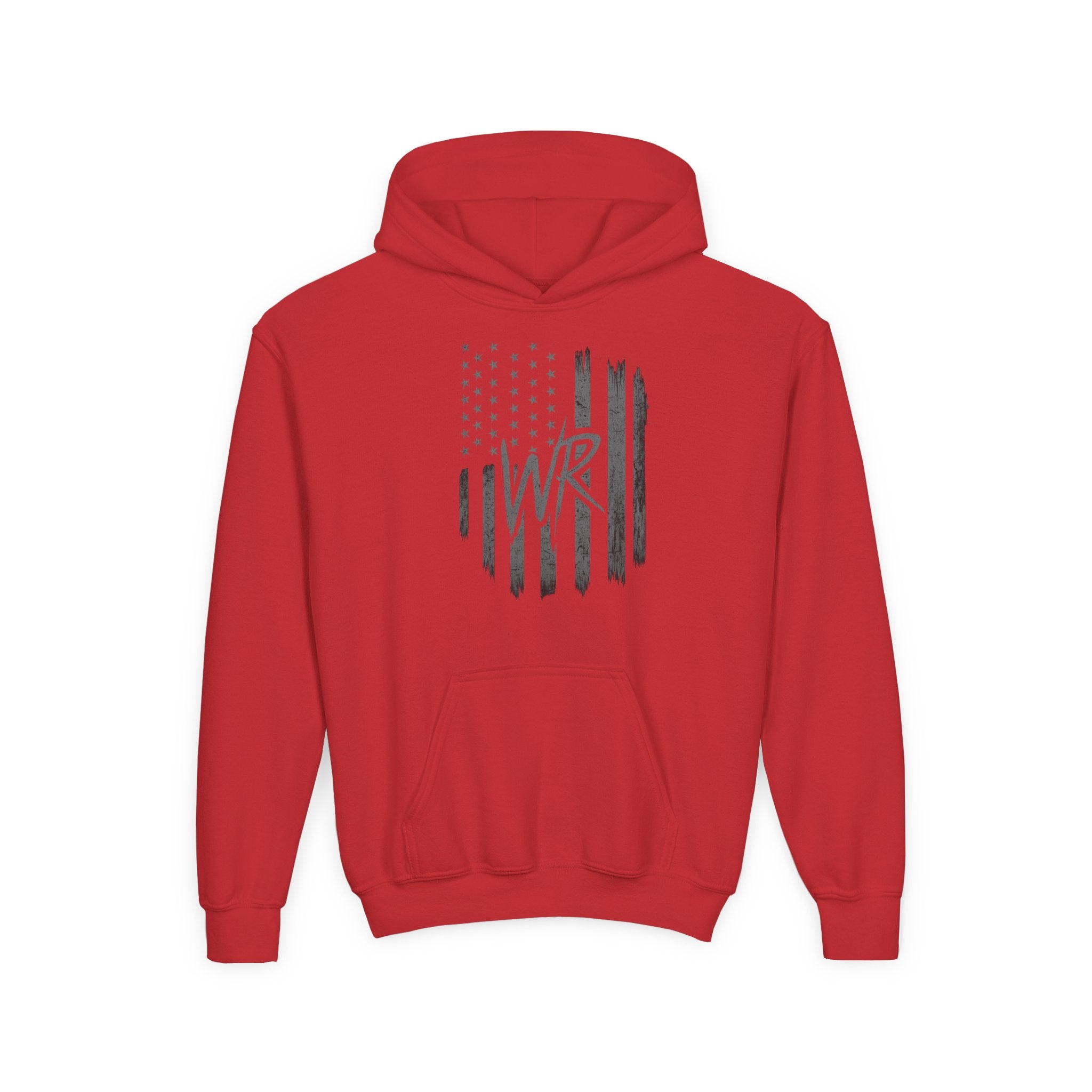 Youth Hoodie Distressed American Flag with Initials 'WR' - Wicked & Riled Clothing