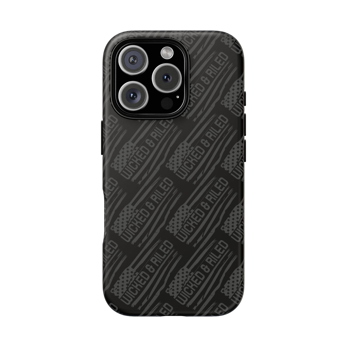 Rugged black protective phone case with "TOUGH CASES" text pattern by Printify, designed for durability and style.