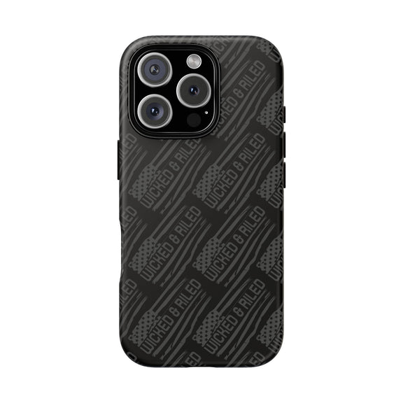Rugged black protective phone case with "TOUGH CASES" text pattern by Printify, designed for durability and style.