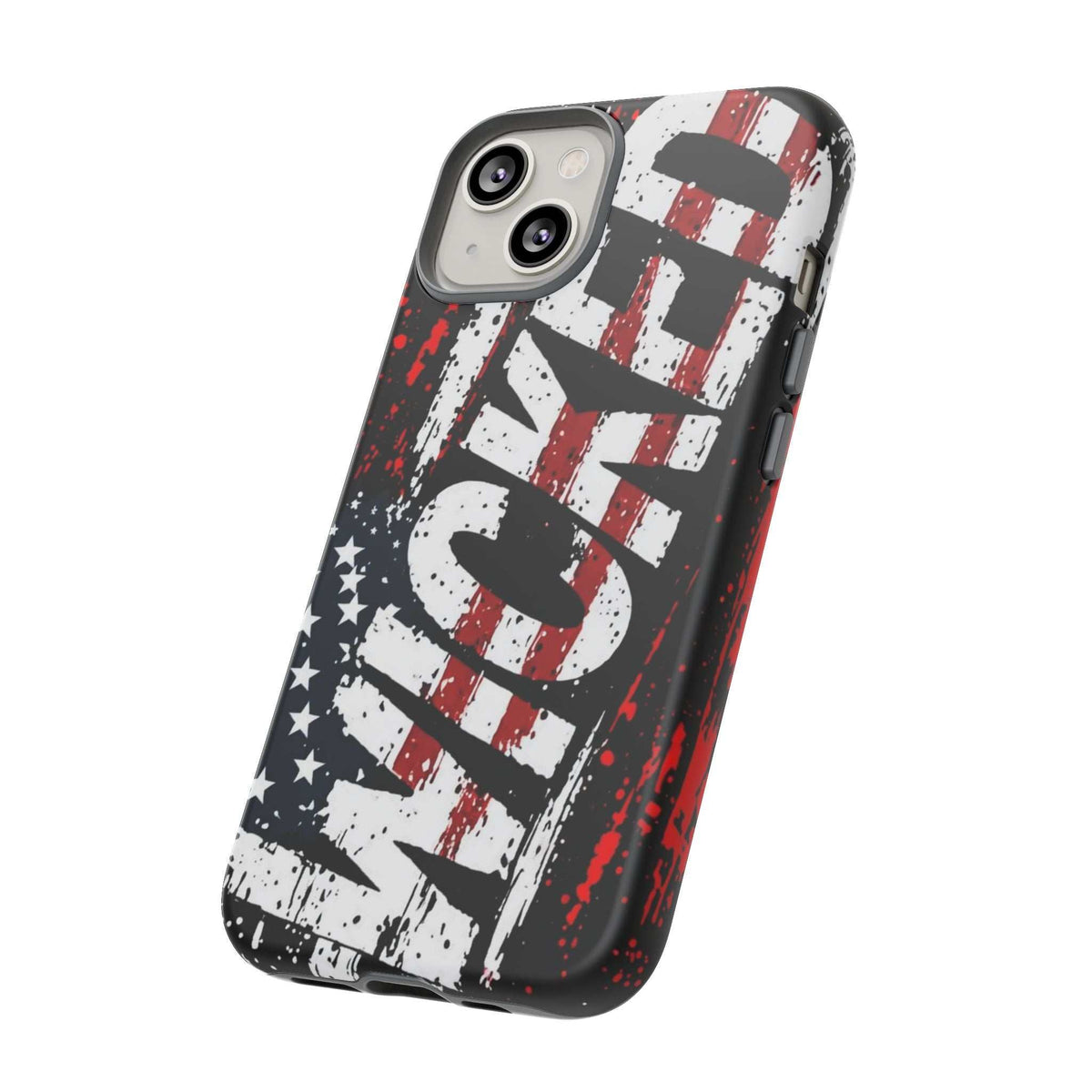 Distressed American flag phone case featuring "VETERAN" graphic by Printify, providing rugged patriotic protection.