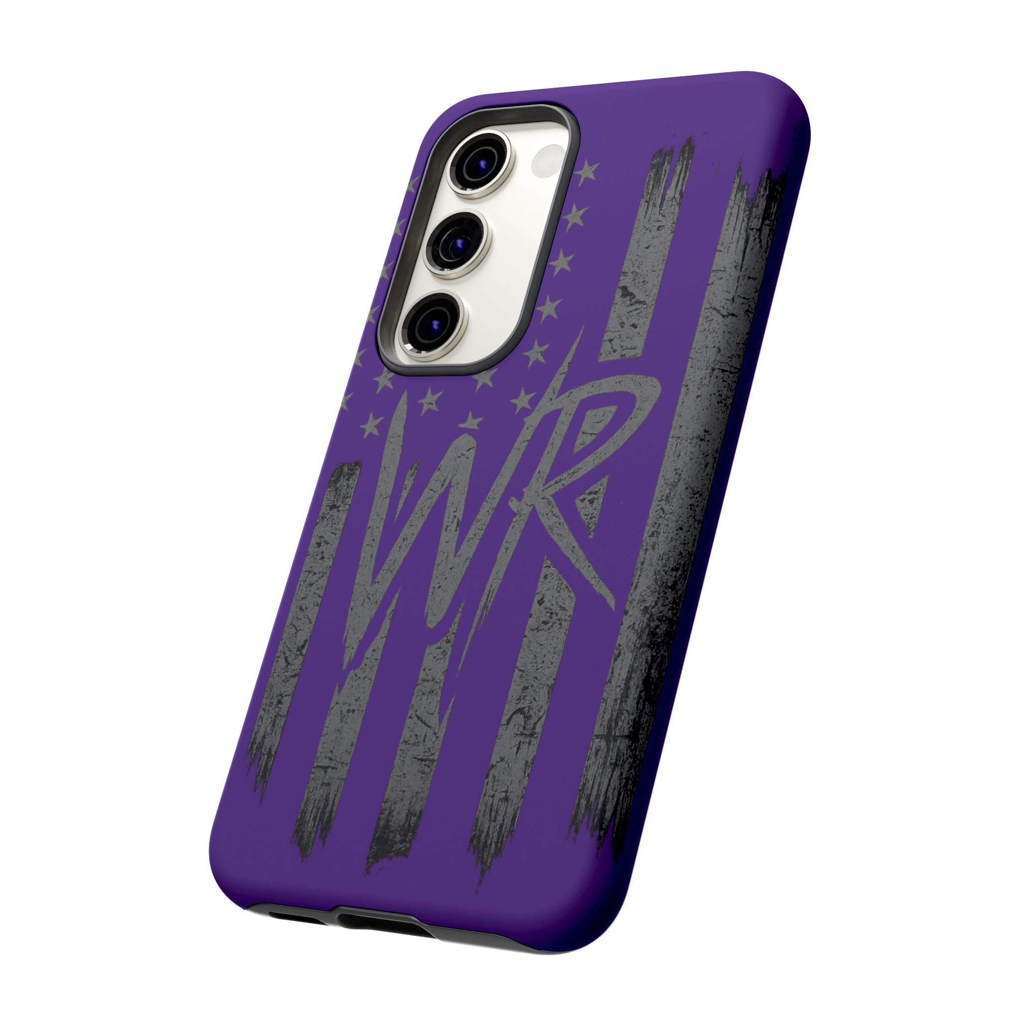 Purple 'WR' flag tough phone case by Printify with durable design and precise cutouts for buttons and camera.