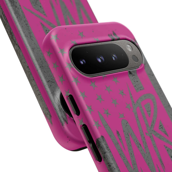 Pink 'WR' Flag Tough Phone Case by Printify with durable design and vibrant flag graphic on a smartphone.
