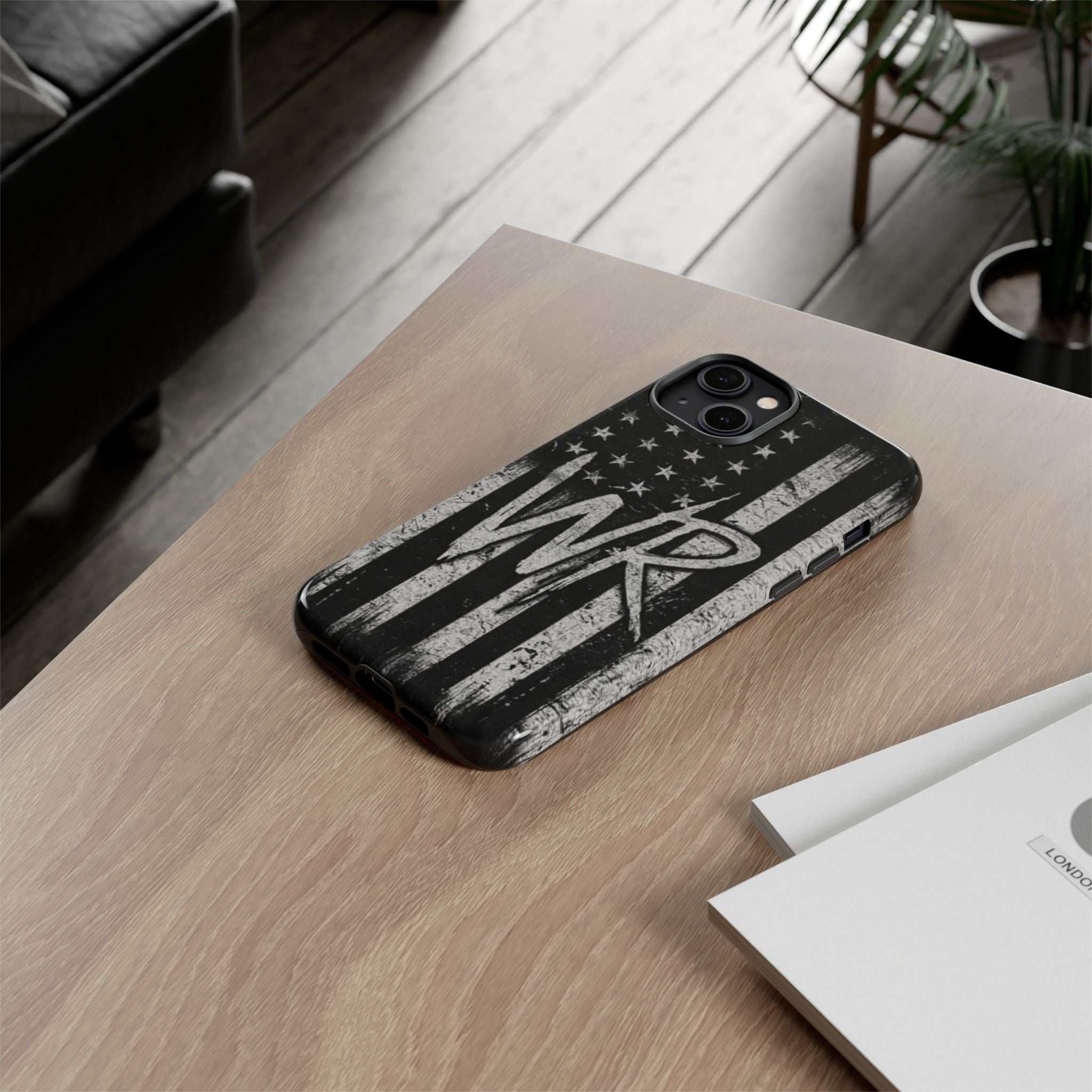 Distressed American flag phone case with WR monogram design by Printify, showcasing a tough exterior for protection.