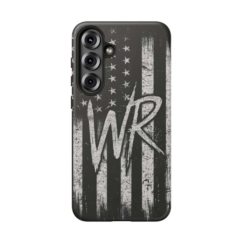 Distressed American flag phone case featuring a patriotic monogram "WR" by Printify, designed for tough protection.