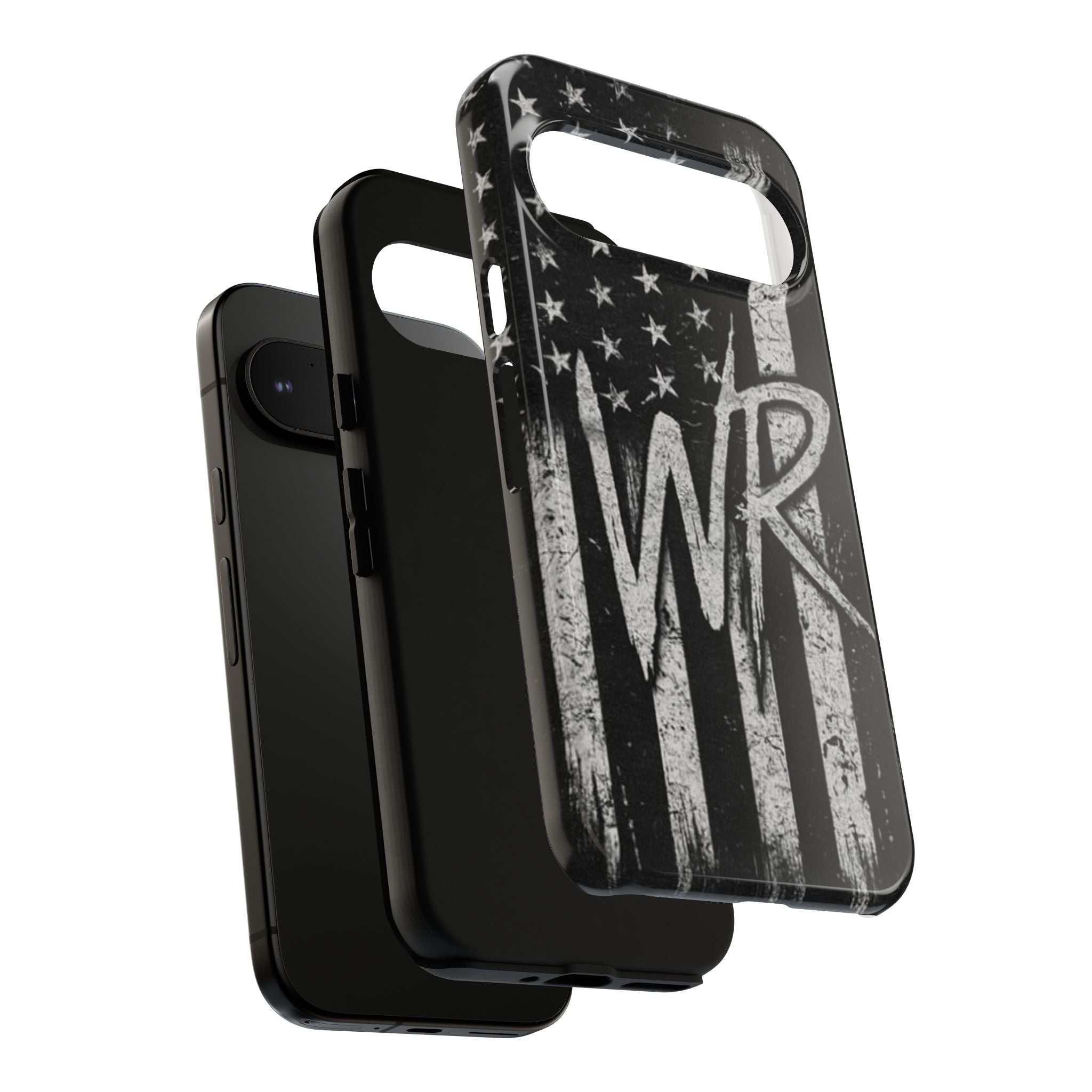 Distressed American flag design on a Patriotic Monogram Tough Phone Case by Printify featuring WR initials.