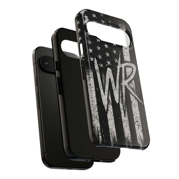 Distressed American flag design on a Patriotic Monogram Tough Phone Case by Printify featuring WR initials.