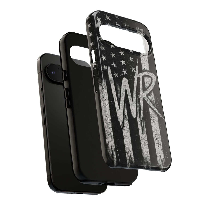 Distressed American flag design on a Patriotic Monogram Tough Phone Case by Printify featuring WR initials.