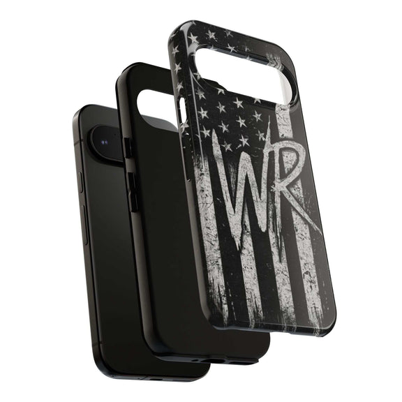 Distressed American flag design on a Patriotic Monogram Tough Phone Case by Printify featuring WR initials.