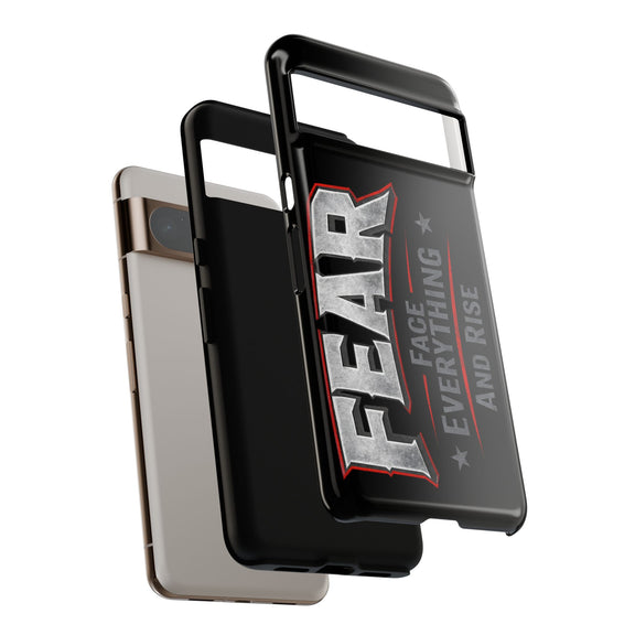 Fear phone case by Printify featuring a motivational design with "Face Everything and Rise" text on a vibrant background.