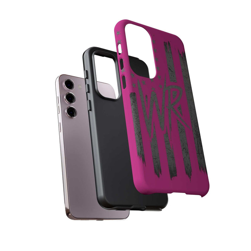 Pink 'WR' Flag Tough Phone Case by Printify with rugged design and vibrant flag pattern on a smartphone.