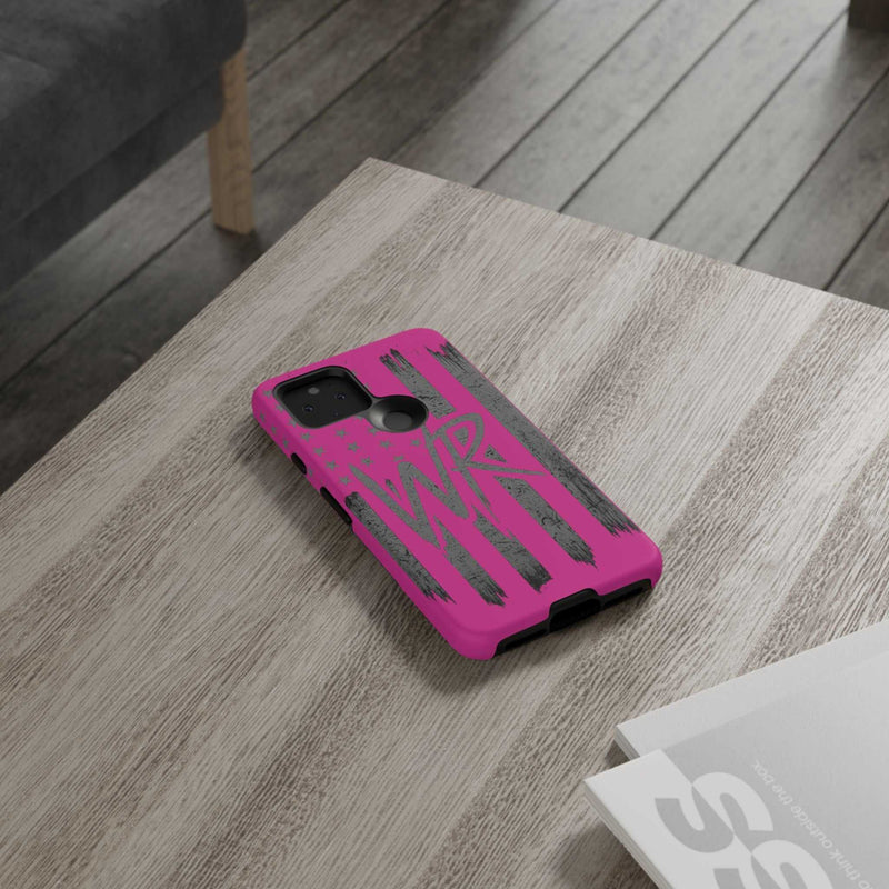 Pink 'WR' Flag Tough Phone Case by Printify displayed on a white background, showcasing its durable design and vibrant colors.