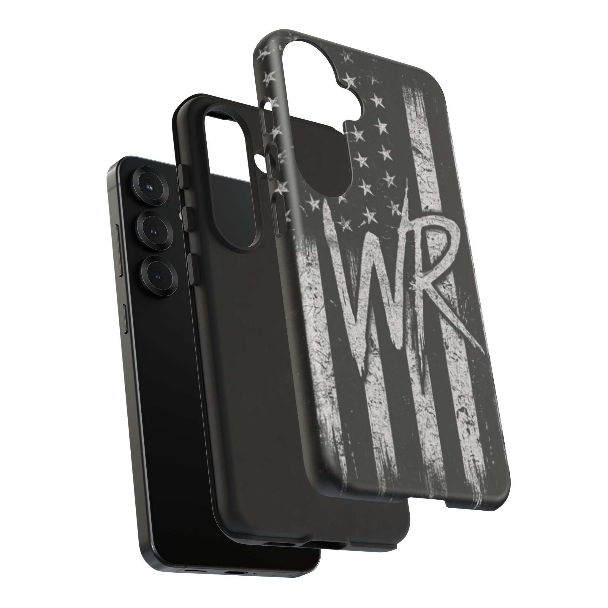 Distressed American flag design on a Patriotic Monogram Tough Phone Case featuring the initials WR by Printify.