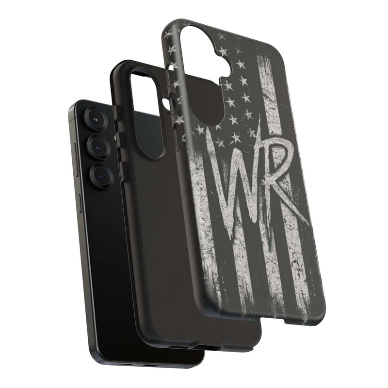 Distressed American flag design on a Patriotic Monogram Tough Phone Case featuring the initials WR by Printify.