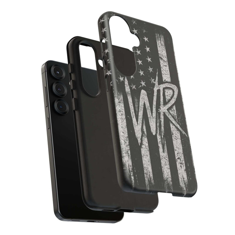 Distressed American flag design on a Patriotic Monogram Tough Phone Case featuring the initials WR by Printify.