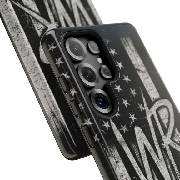 Patriotic monogram tough phone case featuring a distressed American flag design with the initials WR by Printify.