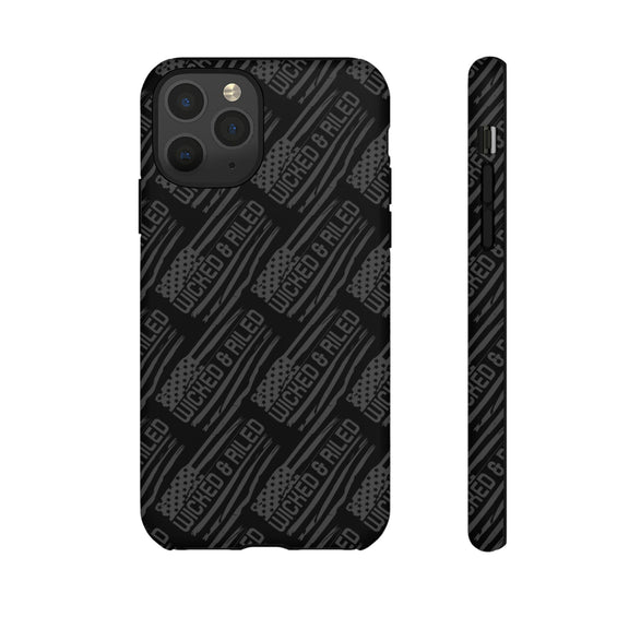 Rugged black protective phone case by Printify with a textured "TOUGH CASES" pattern for enhanced grip and durability.