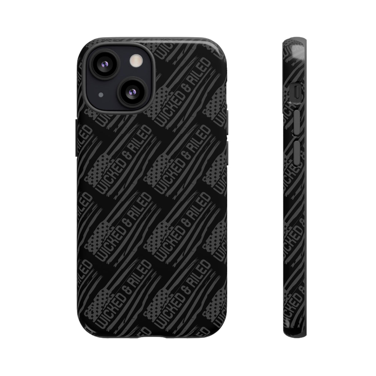 Rugged black protective phone case by Printify with a textured "TOUGH CASES" pattern for enhanced grip and durability.