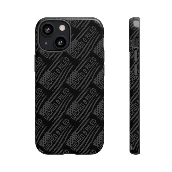 Rugged black protective phone case by Printify with a textured "TOUGH CASES" pattern for enhanced grip and durability.