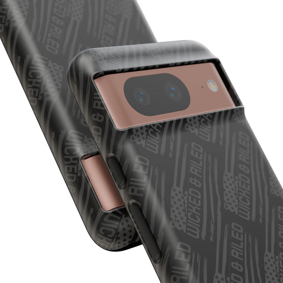 Rugged black protective phone case by Printify featuring a textured "TOUGH CASES" pattern for enhanced grip.