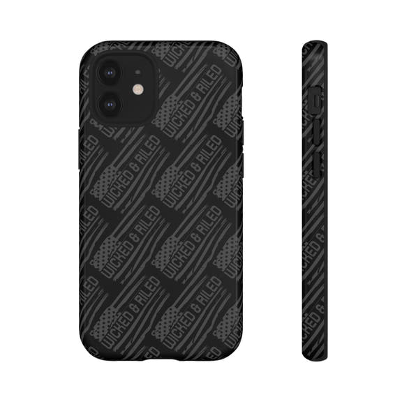 Rugged black protective phone case by Printify featuring a textured "TOUGH CASES" pattern.