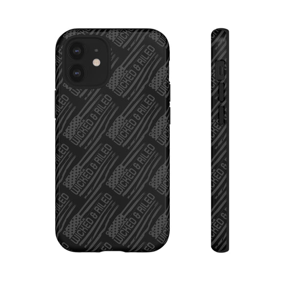 Rugged black protective phone case by Printify featuring a textured "TOUGH CASES" pattern.