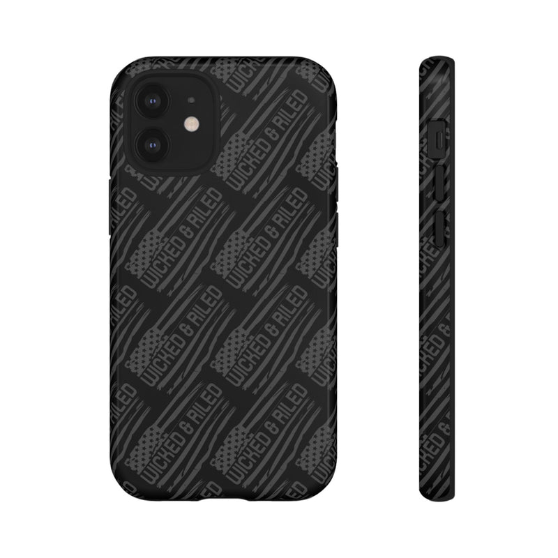Rugged black protective phone case by Printify featuring a textured "TOUGH CASES" pattern.