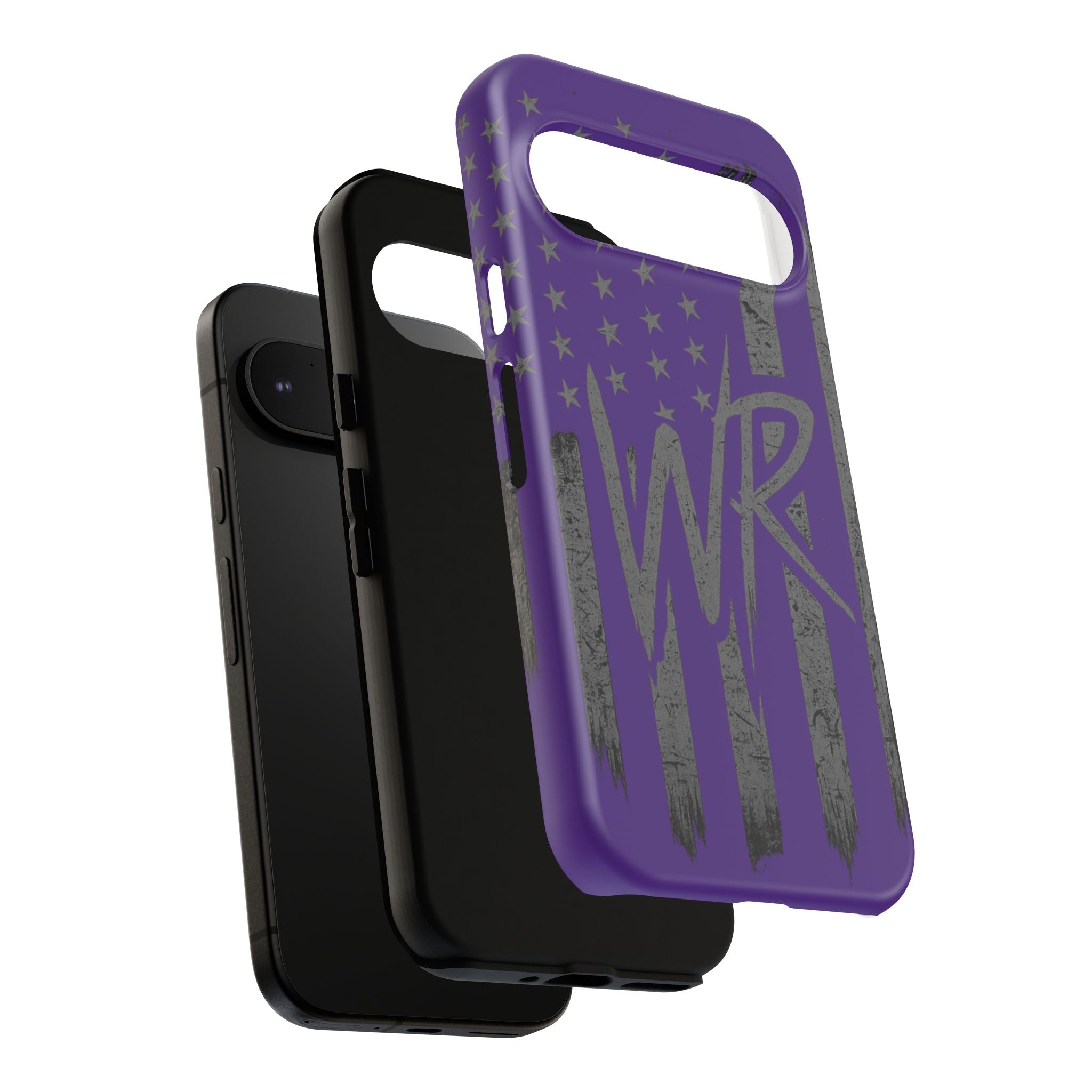 Purple 'WR' flag tough phone case by Printify, featuring a durable design and vibrant colors for protection and style.