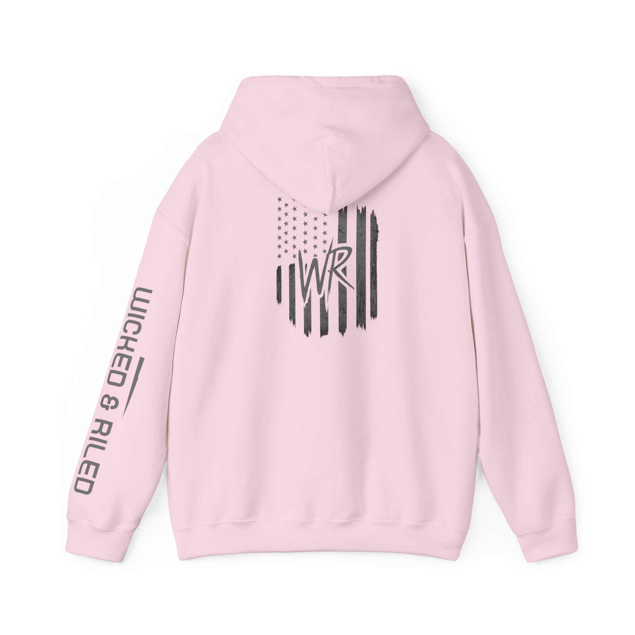 Distressed American logo on a Wicked & Riled hoodie, featuring a cozy pullover design by Printify.