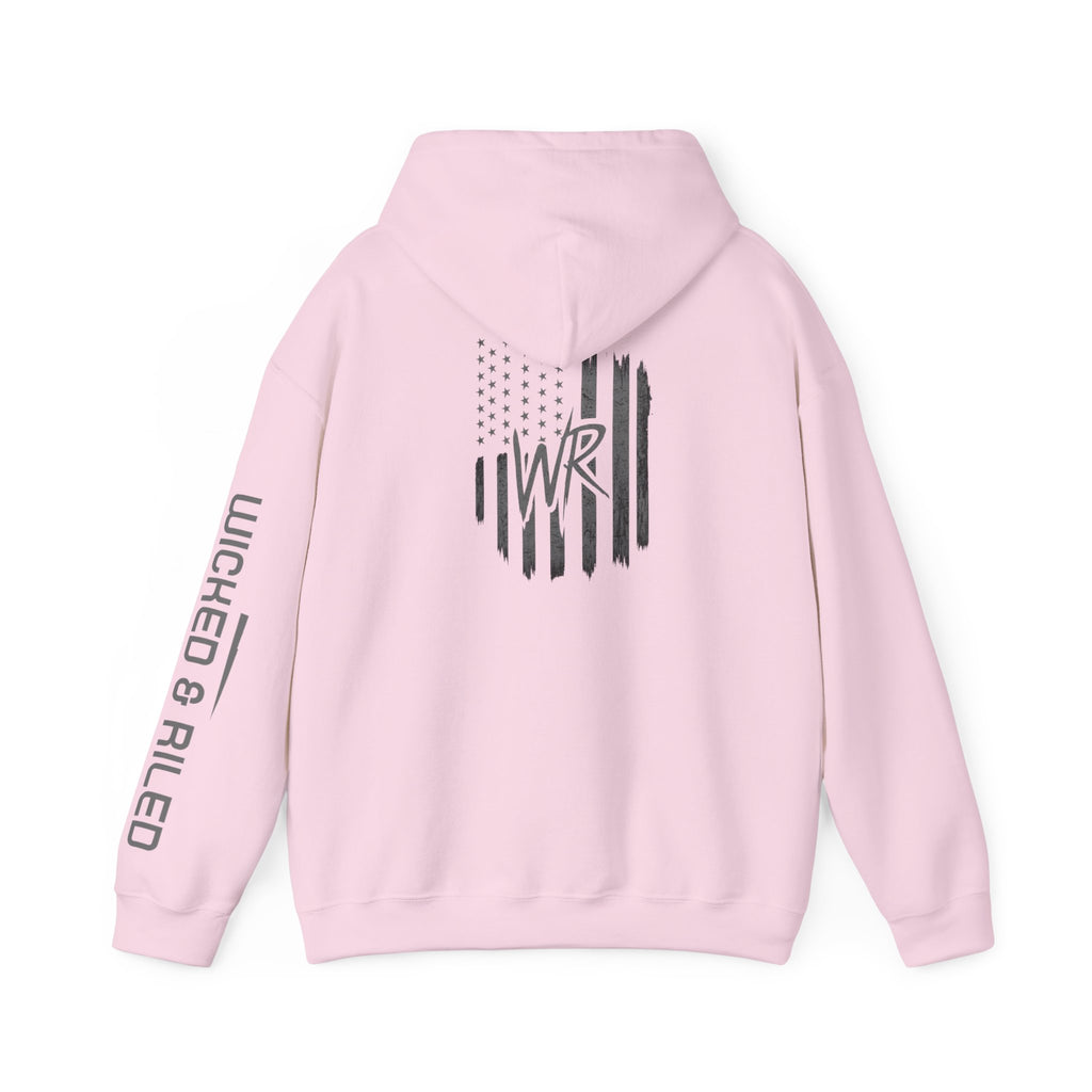 Wicked & Riled Flag Hoodie — Distressed American Logo Pullover
