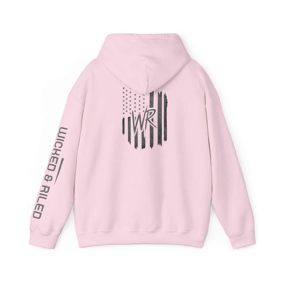 Distressed American logo on a Wicked & Riled hoodie, featuring a cozy pullover design by Printify.