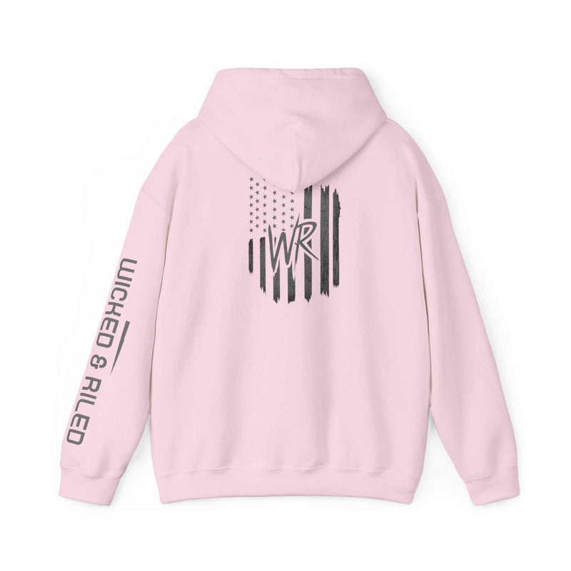 Distressed American logo on a Wicked & Riled hoodie, featuring a cozy pullover design by Printify.