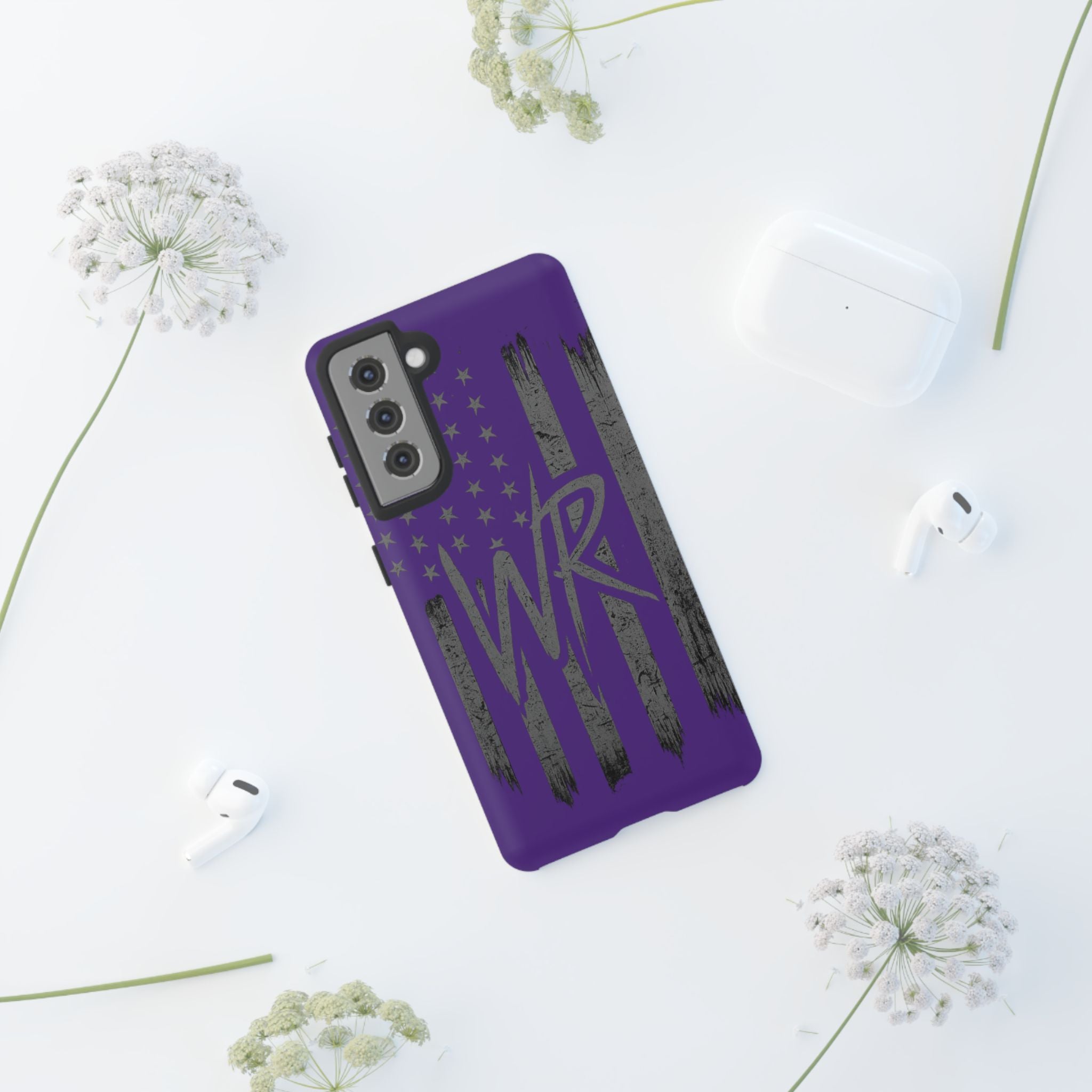 Purple 'WR' flag tough phone case by Printify, featuring a durable design and vibrant colors for protection and style.