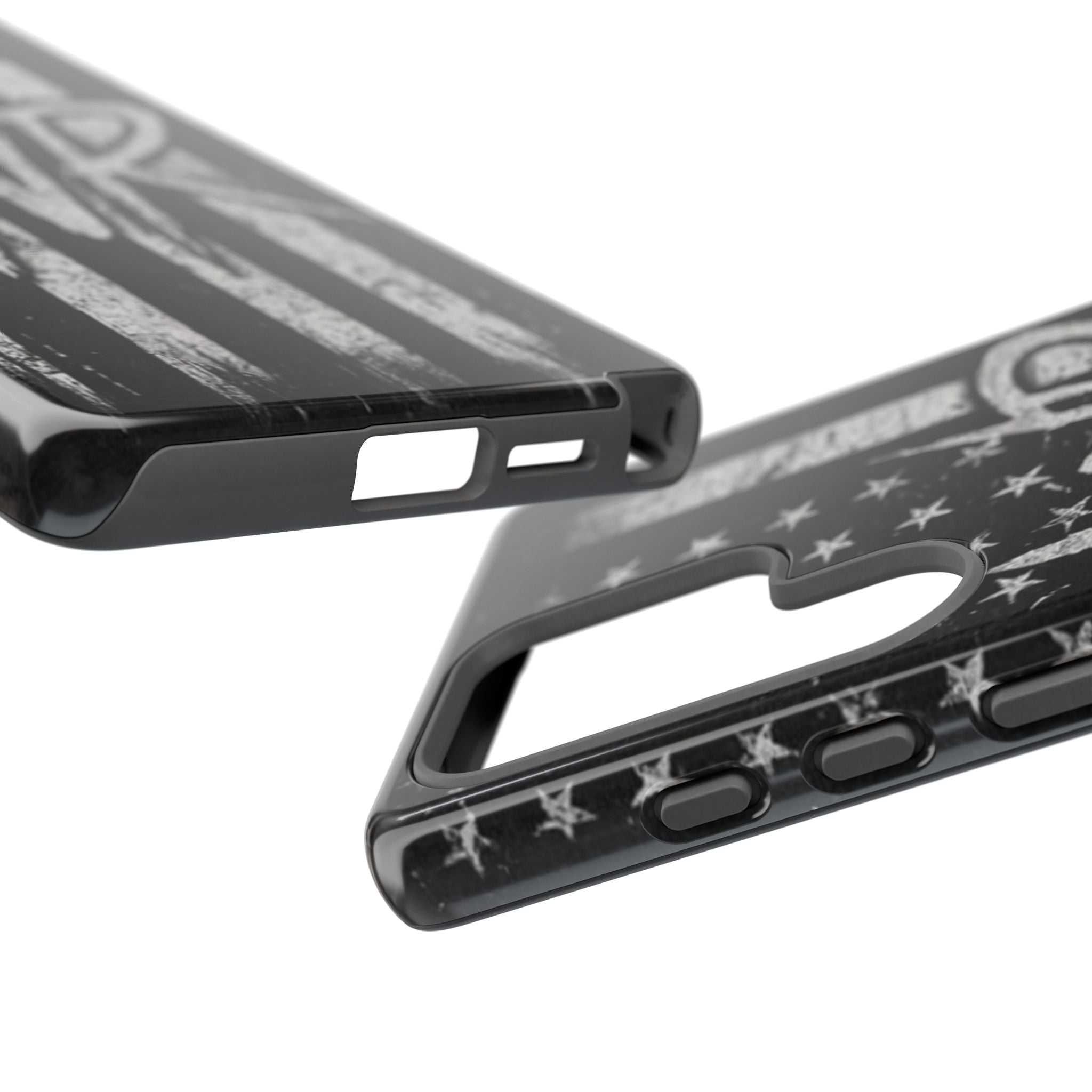 Distressed American flag design on a Patriotic Monogram Tough Phone Case featuring initials WR by Printify.