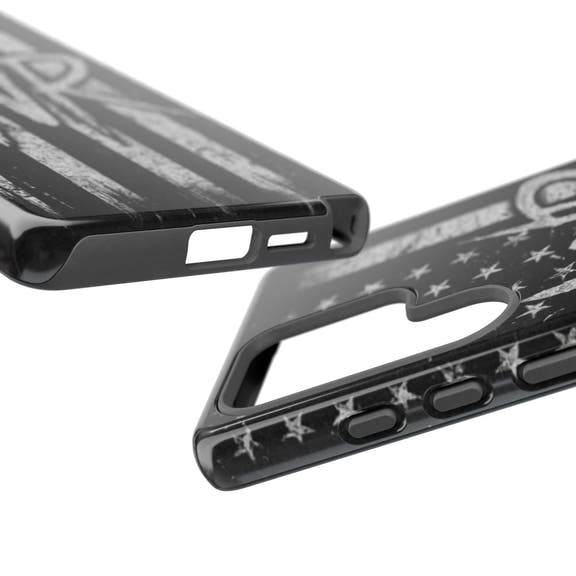Distressed American flag design on a Patriotic Monogram Tough Phone Case featuring initials WR by Printify.