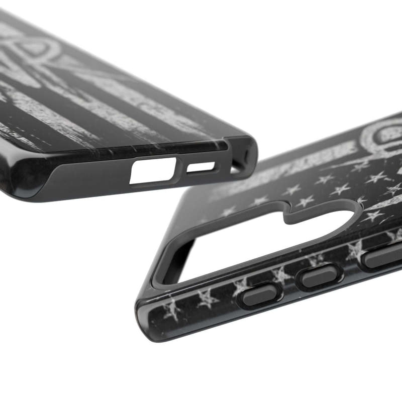 Distressed American flag design on a Patriotic Monogram Tough Phone Case featuring initials WR by Printify.
