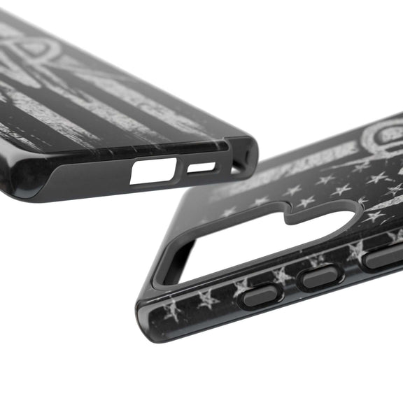 Distressed American flag design on a Patriotic Monogram Tough Phone Case featuring initials WR by Printify.