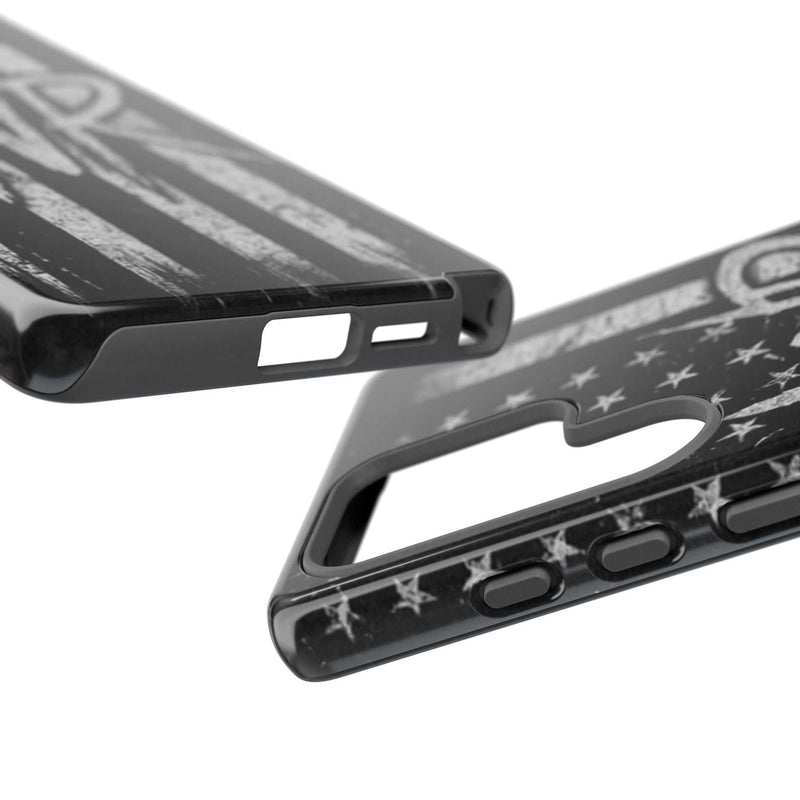 Distressed American flag design on a Patriotic Monogram Tough Phone Case featuring initials WR by Printify.