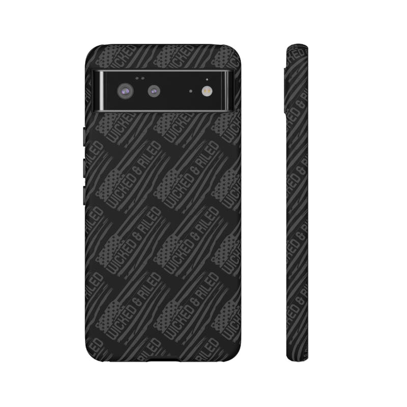 Rugged black protective phone case with "TOUGH CASES" text pattern by Printify, showcasing durable design and texture.