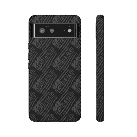Rugged black protective phone case with "TOUGH CASES" text pattern by Printify, showcasing durable design and texture.