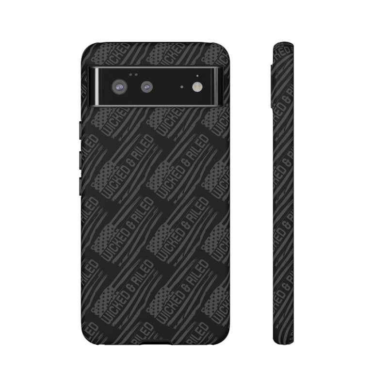 Rugged black protective phone case with "TOUGH CASES" text pattern by Printify, showcasing durable design and texture.
