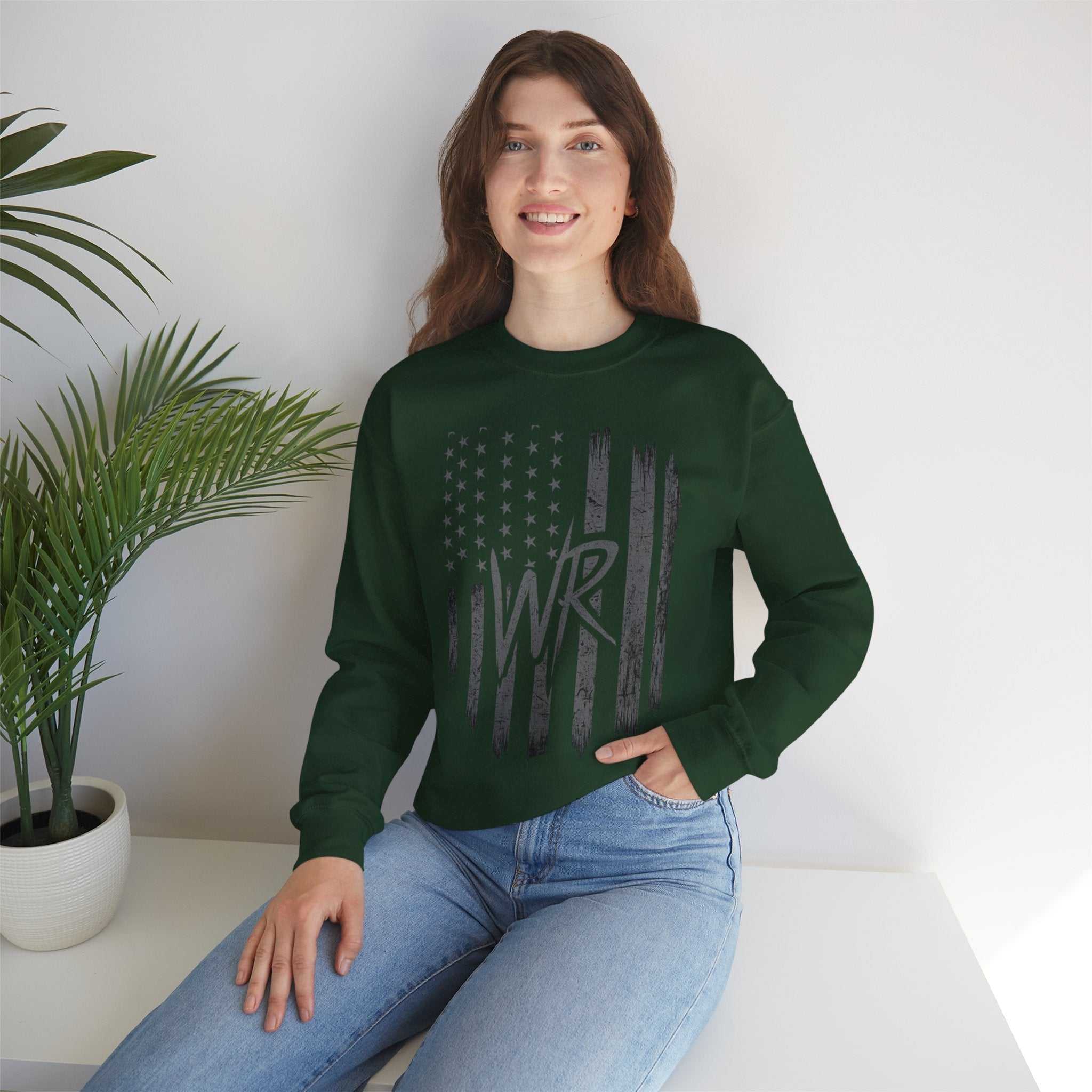 Distressed American flag crewneck sweatshirt with WR monogram from Printify, featuring a cozy pullover design.