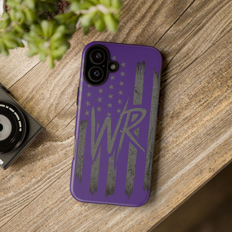 Purple 'WR' flag tough phone case by Printify showcasing durable design and vibrant color.