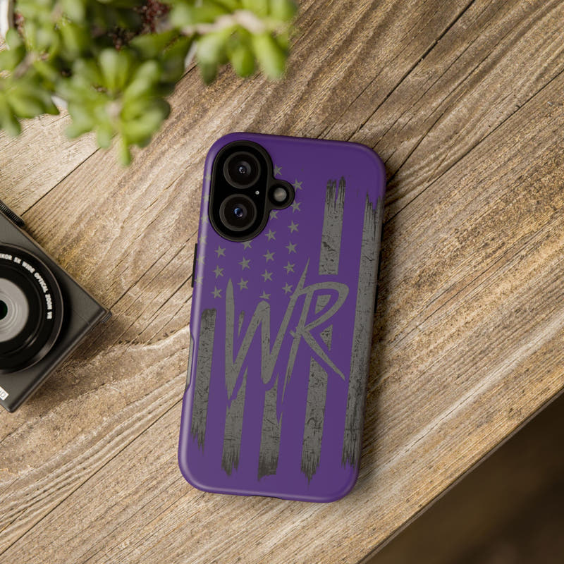 Purple 'WR' flag tough phone case by Printify, showcasing durable design and vibrant color for added style and protection.