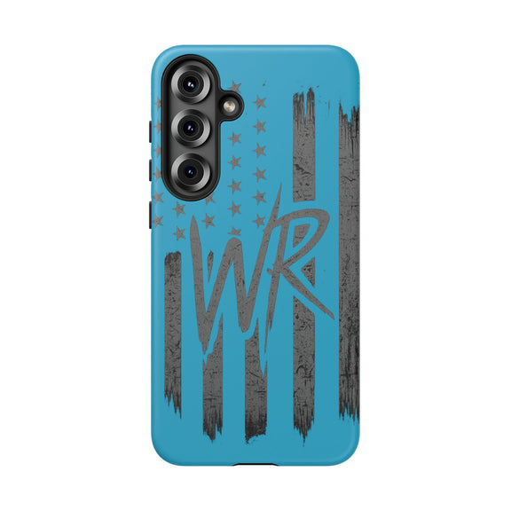 Patriotic blue 'WR' flag tough phone case by Printify with durable design and vibrant flag pattern.