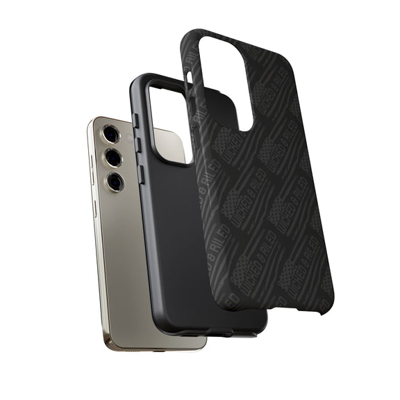Rugged black protective phone case by Printify featuring a textured "TOUGH CASES" pattern for enhanced grip.