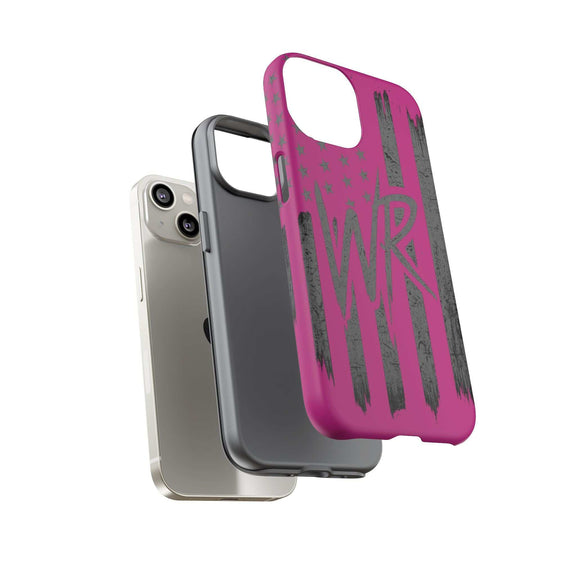 Pink 'WR' Flag Tough Phone Case by Printify featuring a durable design with a vibrant flag graphic.